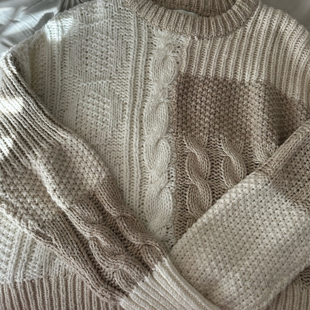 Aerie Patchwork Cable Knit Sweater - Cream and Tan - Picture 4 of 4